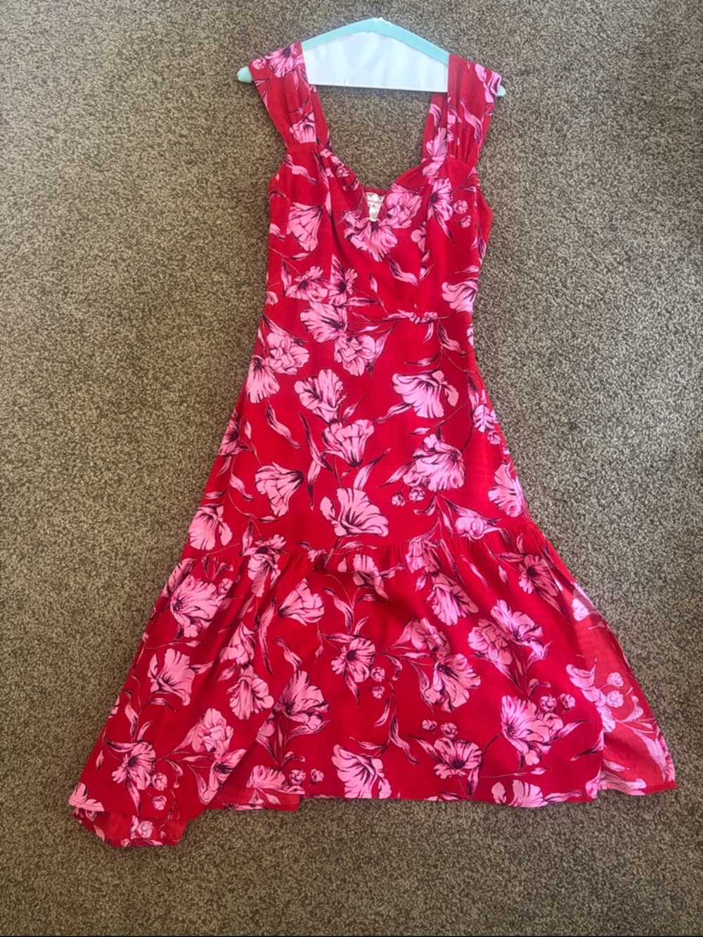 Red Floral Dress with Pink Bloom Print